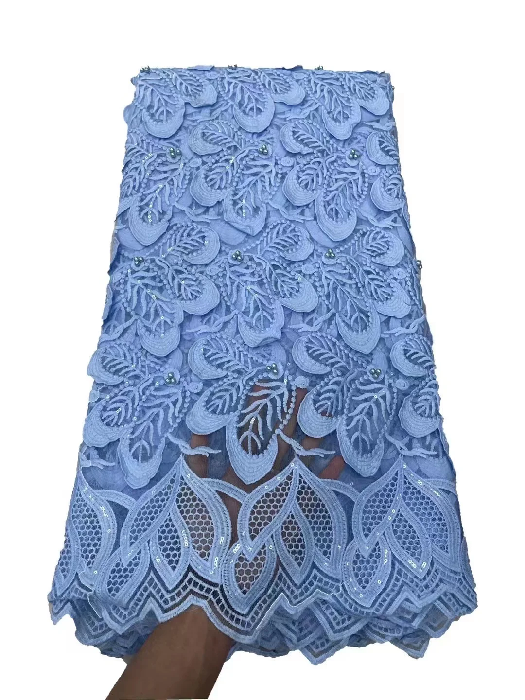 

2022 African Lace Fabric High Quality With Bead Nigerian French Guipure Cord Lace Fabric 5 Yards For Wedding Diy Dress Party Sew