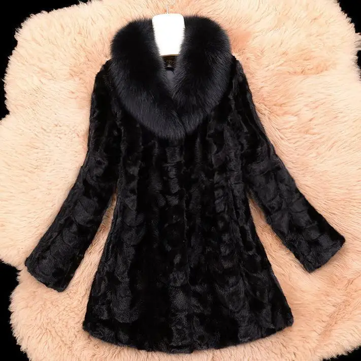 Women's Leather Fur Coat Fashionable Warm Faux Fur Coat Mid-Length Imitated Mink Mosaic Leather Fur Coat Faux Fur Coat