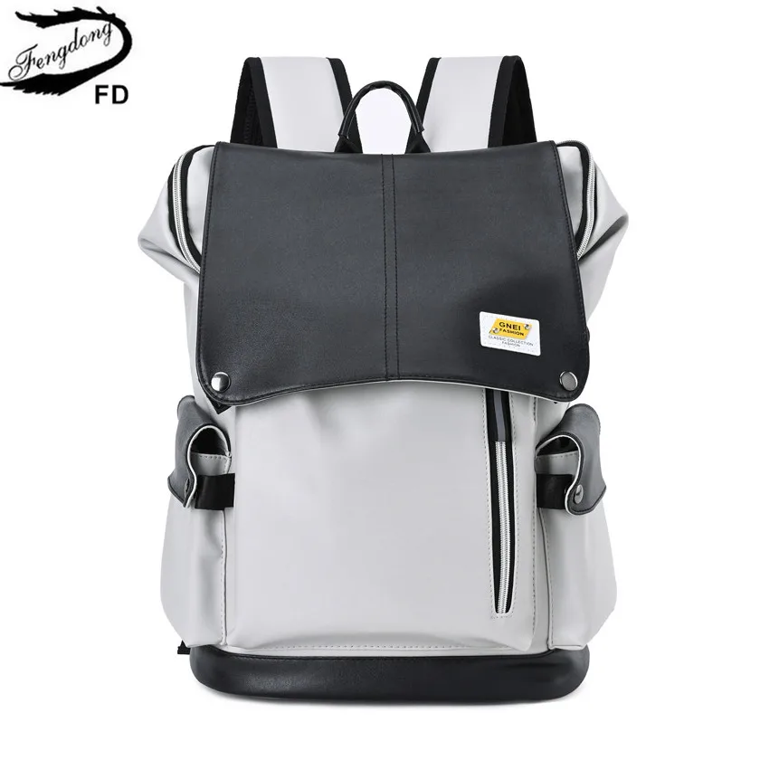 Мужской кожаный рюкзак Fengdong, черный школьный или студенческий рюкзак для ноутбука с usb-разъемом и местом под ноутбук с диагональю экрана 15,6 ...