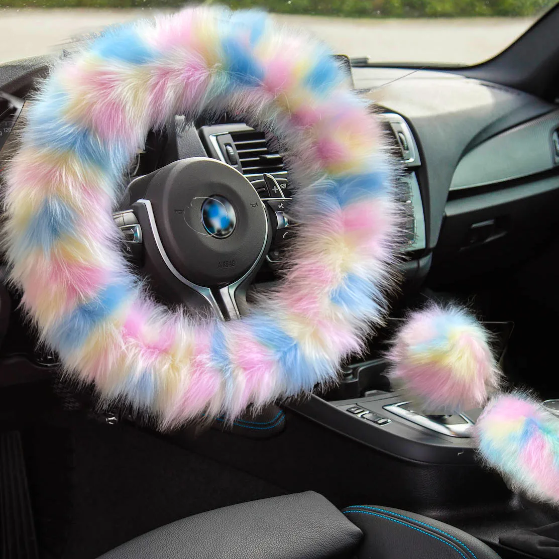 Cute Fluffy Fuzzy Steering Wheel Covers for Women/Girls/Ladies Australia Wool 15 Inch