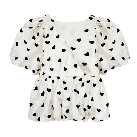 Puff Sleeve Blouses Women Heart Dot Cropped Thin Summer Gentle French Style Classic Girlish Tender Holiday Loose Retro Sweet Ins