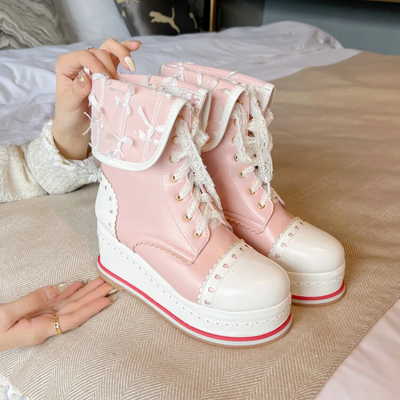 

Girls' Bud Silk Lace Short Boots Size 30-43 Winter New High Heels College Style Fashion Thick Sole Color Lace Up Women Shoes