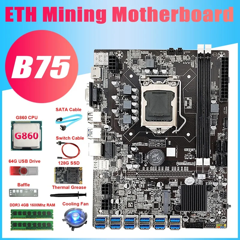 

B75 ETH Miner Motherboard +128G SSD+64G USB Driver+Fan +SATA Cable+Switch Cable For BTC