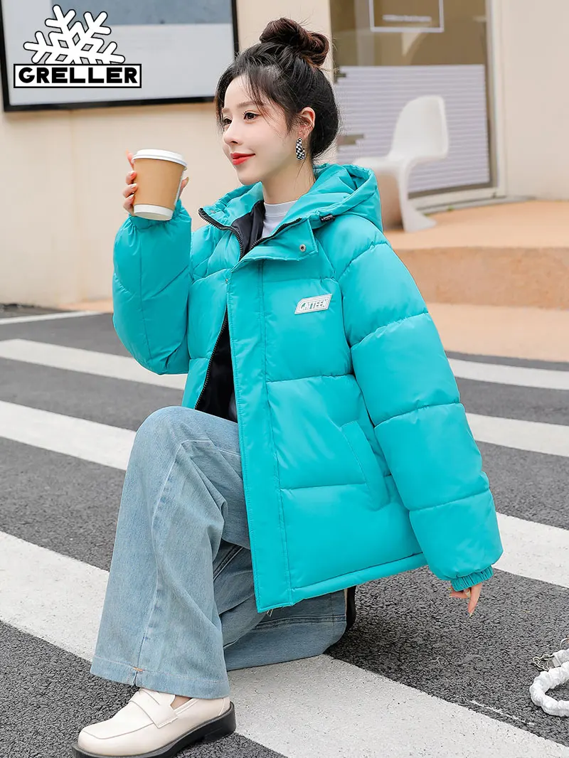 GRELLER Winter Jacket Women Parkas Thicken Warm Coat Women's Hooded Jackets Solid Color Short Parka Coat Women New Streetwear