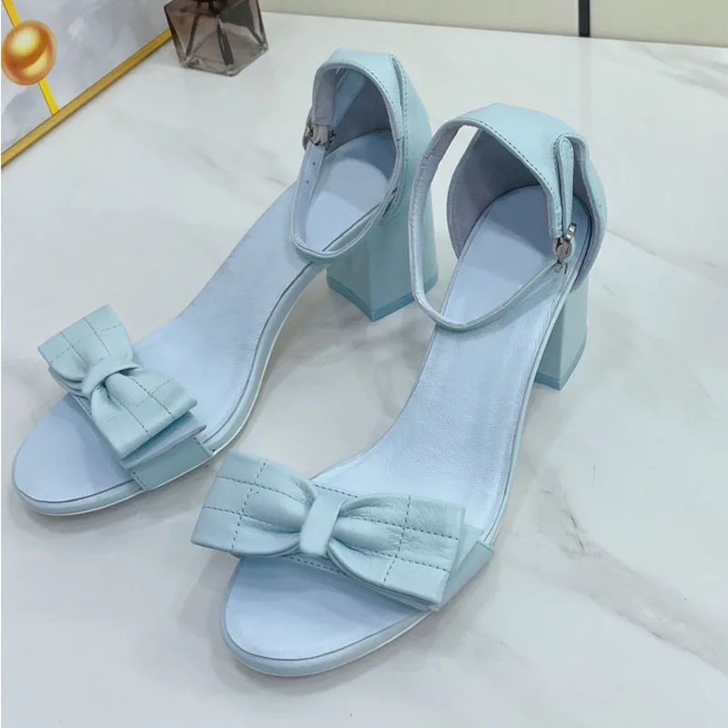 

Designer Brand Mules Chunky Heel Leather Sandals Women Pink Bowknot Decor Dress Shoes For Woman Runway Summer Gladiator Sandals