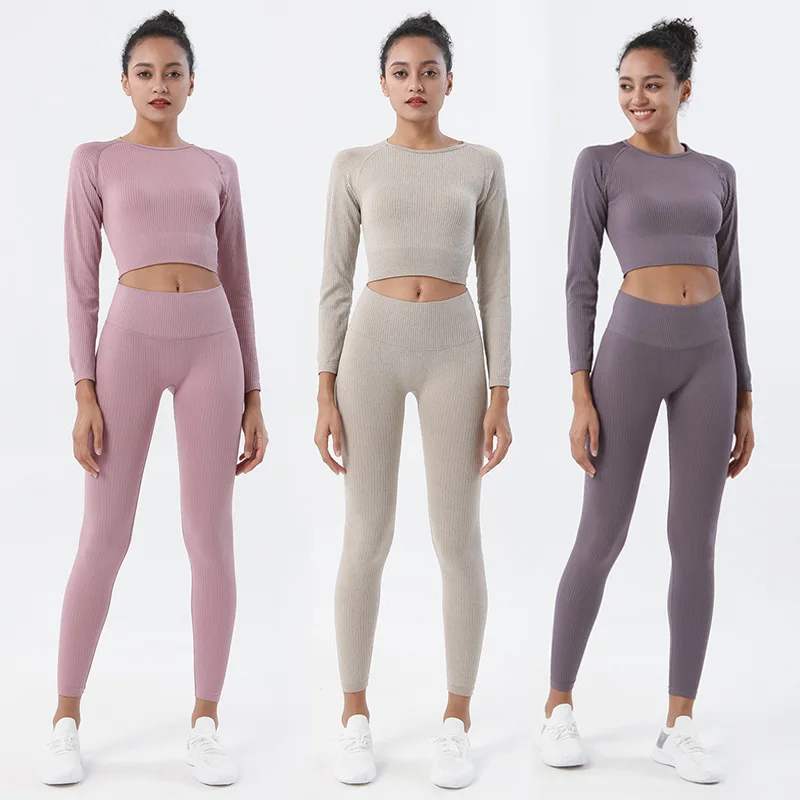 

New knitted tight yoga pants seamless fitness suit nylon quick-drying long-sleeved for women ropa deportiva mujer gym conjunto