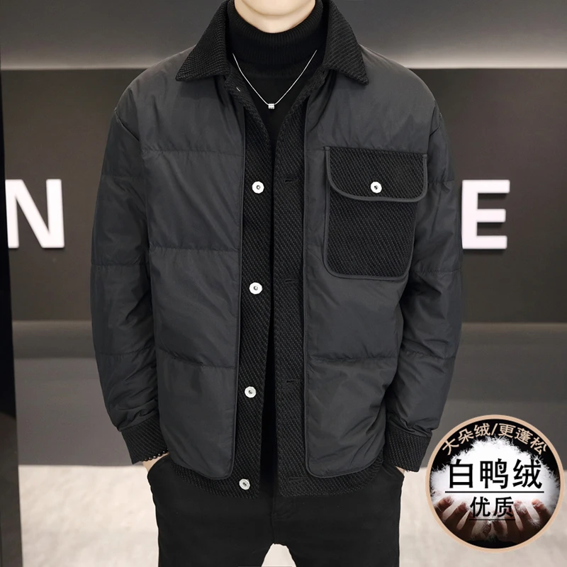 Повседневные мужские однобортные куртки на белом утином пуху зима 2024 Молодежные