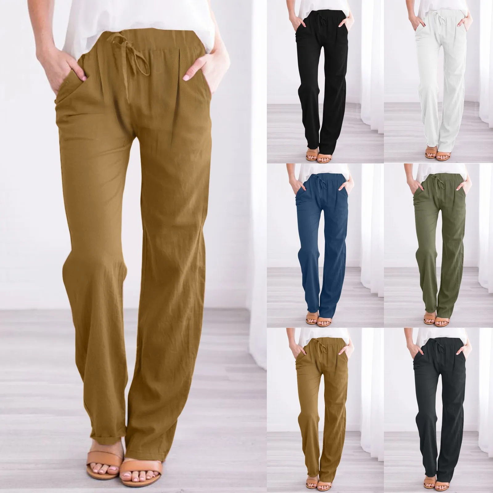

Хлопковые брюки с широкими штанинами, свободные летние женские брюки с эластичным поясом, винтажные модные хлопковые льняные однотонные брюки до щиколотки в стиле Харадзюку