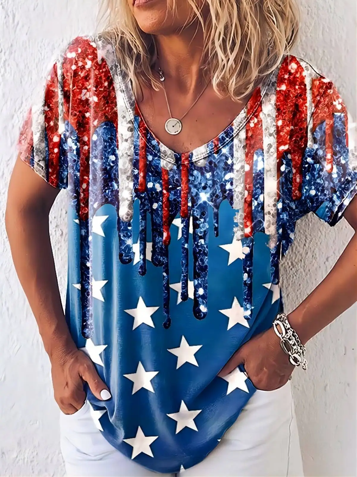 

2022 Summer Women's Clothing V-Neck July 4th Short Sleeve Independence Day American Flag Star Print T-shirt Lady Girl Tops Tees