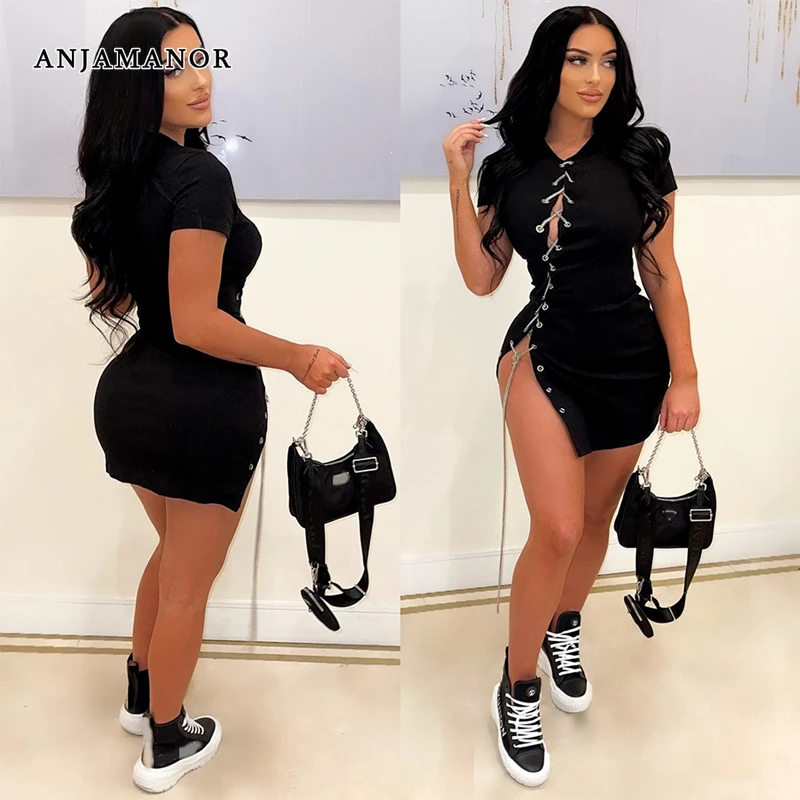 

ANJAMANOR Fashion Sexy Side Split Chain Black Dress Clubwear Women 2023 Summer Short Sleeve Cut Out Mini Bodycon Dress D0-CB31