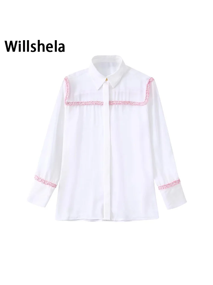 

Willshela Women Fashion Solid Patchwork Single Breasted Blouse Vintage Long Sleeves Lapel Neck Female Chic Lady Shirts
