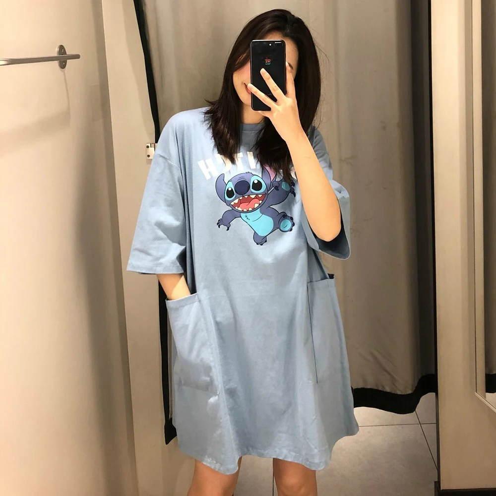 

Stitch Mini Dresses for Women Letter Short Sleeve Back Print Vestidos Pocket Kawaii Loose Disney Oversized Vintage T Shirt Dress