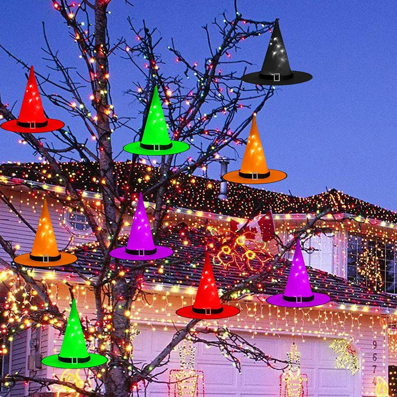 

6pcs Halloween Decoration LED Light Witch Hat Halloween Costume Cosplay Prop Outdoor Tree Hanging Ornament Halloween Party Decor
