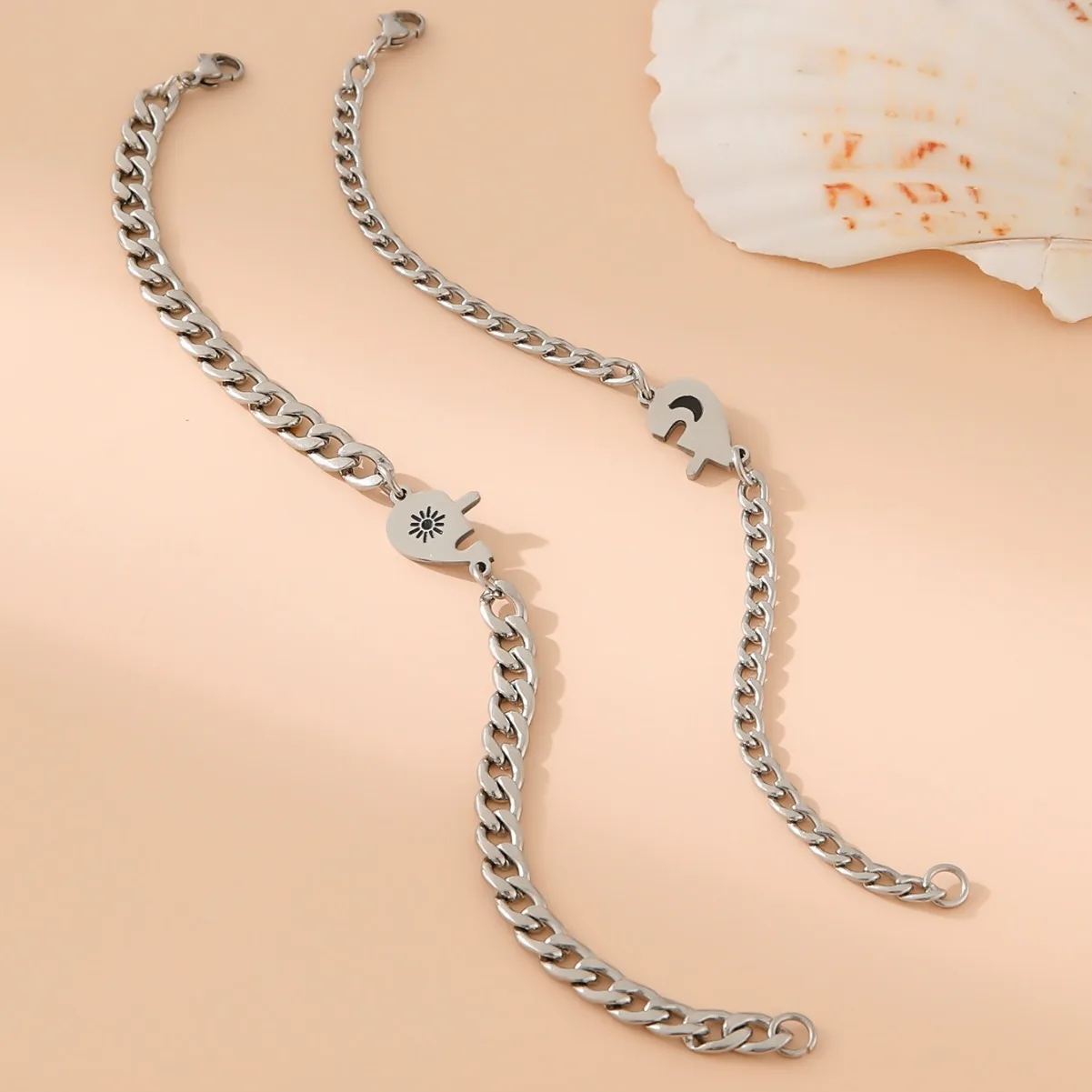 2pcs/set Stainless steel Embossed Puzzle Sun and Moon Pendant Couple Bracelet for Men Women Jewelry Accessories