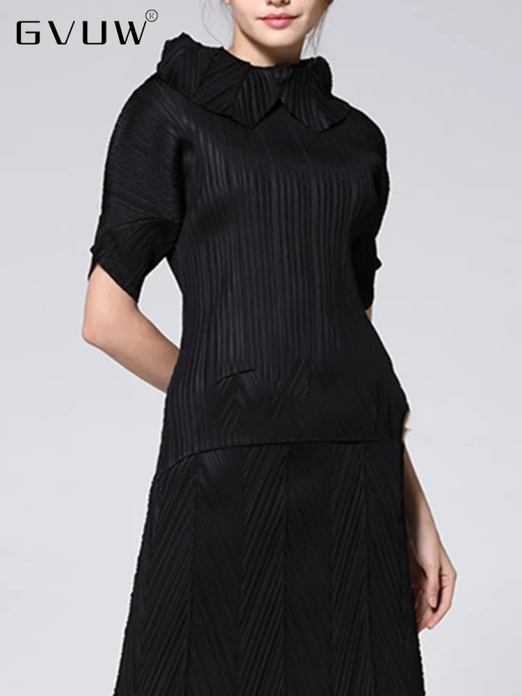 

Женская плиссированная футболка GVUW с коротким рукавом, облегающий пуловер с отворотом, однотонный модный элегантный топ, весна 2023, 17D2478