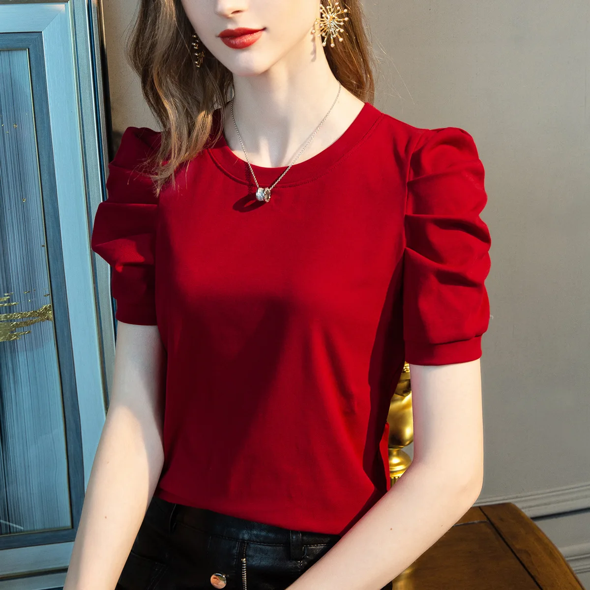 

Summer new tops round neck solid color casual short sleeves 2022 grey