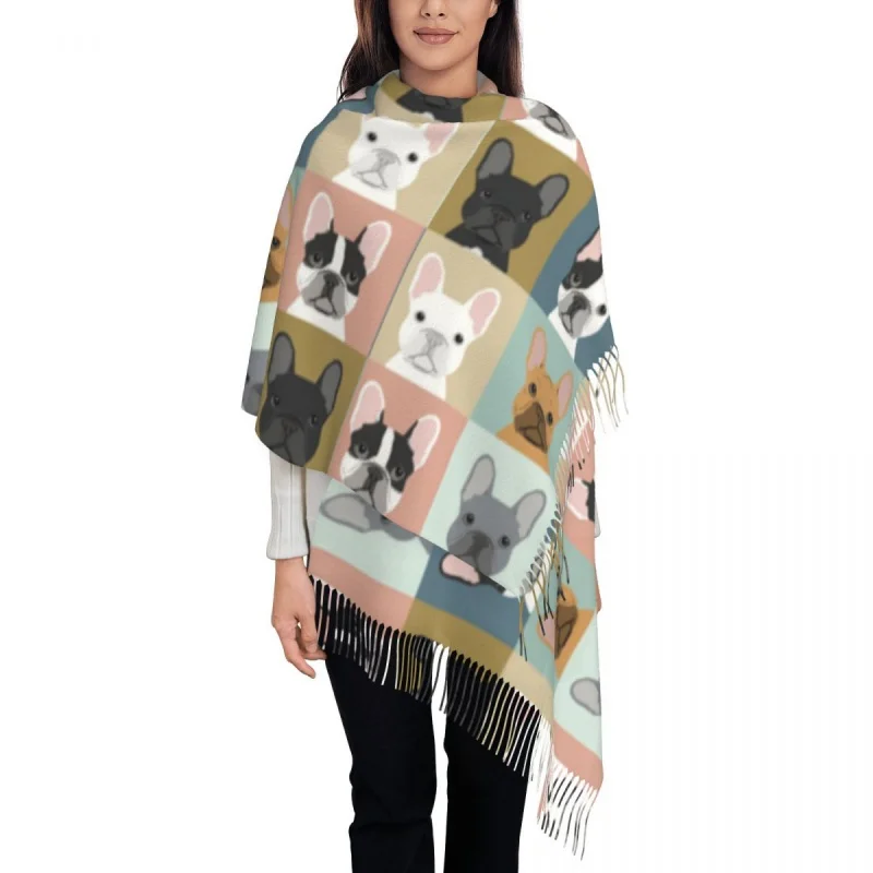 

French Bulldog Portraits Pattern Tassel Scarf Women Soft Frenchie Dog Lover Shawl Wrap Female Winter Scarves