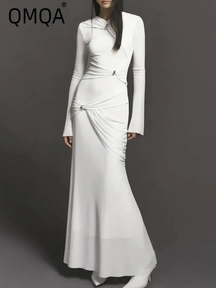 QMQA модное женское вечернее платье с круглым вырезом и длинными рукавами дизайн