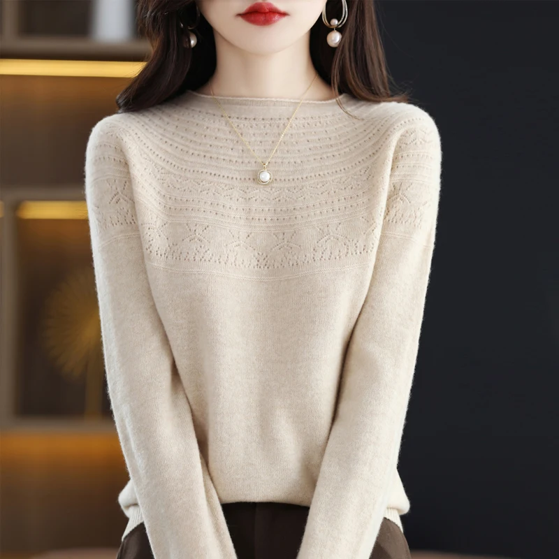 Женский пуловер с вырезом на осень и зиму свитер длинным рукавом круглым Вязаный