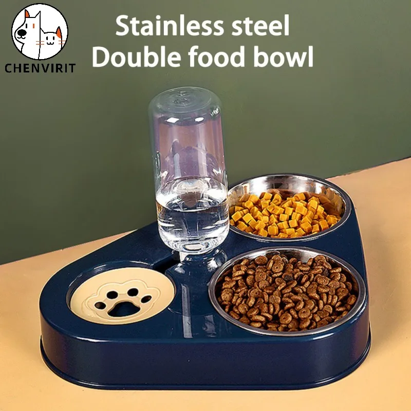 

500ML Dog Bowl Cat Feeder Bowl With Dog Water Bottle Automatic Drinking Pet Bowl Cat Food Bowl Pet Stainless Steel Double 3 Bowl