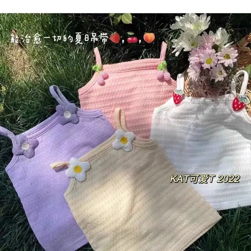 

Summer Girls Camisole Brathable Crop Tops for Toddler Baby Girls Flower Patched Camis Comfortable Elastic Tops Clothes