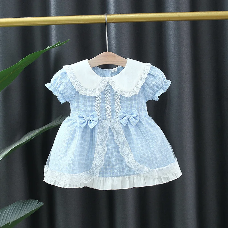 Spring Bow Puff Sleeve Dresses Children Clothes 0-3 Years Old Kids Wear Summer Plaid Baby Girl Pastoral Style Lace Dresses