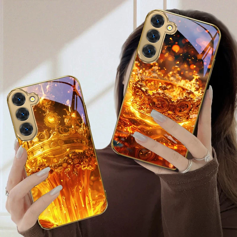 Фото Ослепительно яркий чехол-корона для Samsung Galaxy S26 S20 FE 21 22 Ultra 23 Plus 24 Ultra 25Ultra S21+ 22Plus, золотой стеклянный чехол для телефона №2