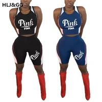 hljgg casual sporty two piece sets women pink letter print o neck vest shorts pants fashion 2pcs streetwear 2022 summer new