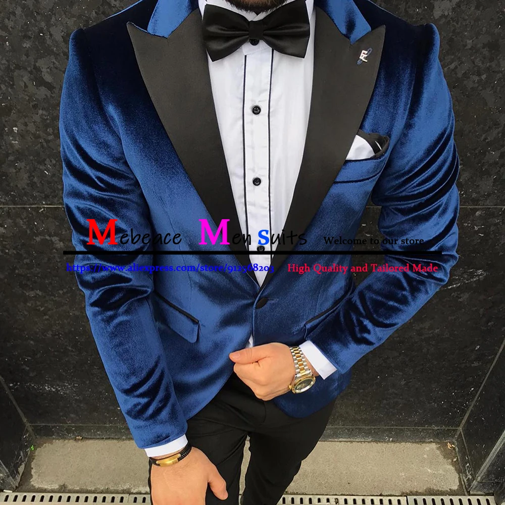 Мужской комплект из пиджака и брюк темно-синий велюровый приталенный костюм с