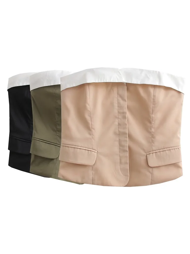 

MESTTRAF Женская мода 2023 скрытые пуговицы накладные карманы укороченные Бюстье Топы винтажные без бретелек Прямой шеи женские топы