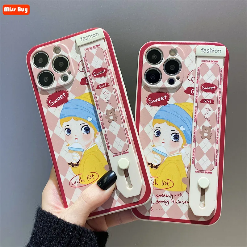

Milk Tea Girl Painting Wrist Strap Liquid Silicone Shockproof Case for Huawei P60 Pro Honor 80 gt 80 se 80 Pro Play 6t Pro Cover