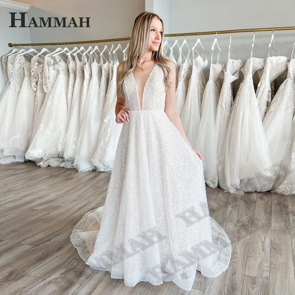 

HAMMAH Deep V Neck Wedding Dresses For Bride Sparkly Tulle Sleeveless Court Train Tank Robe De Soirée De Mariage Custom Made