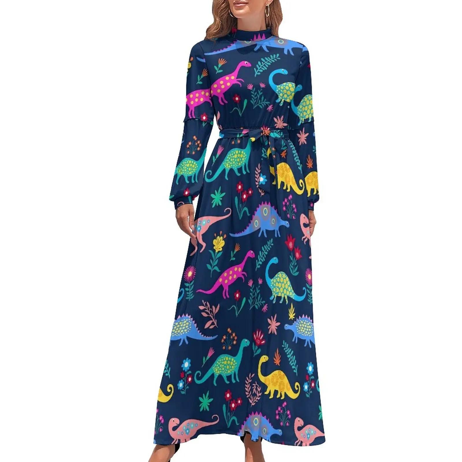 

Cute Dinosaur Print Dress Colorful Animal Elegant Maxi Dress Aesthetic Beach Long Dresses High Waist Printed Vestidos