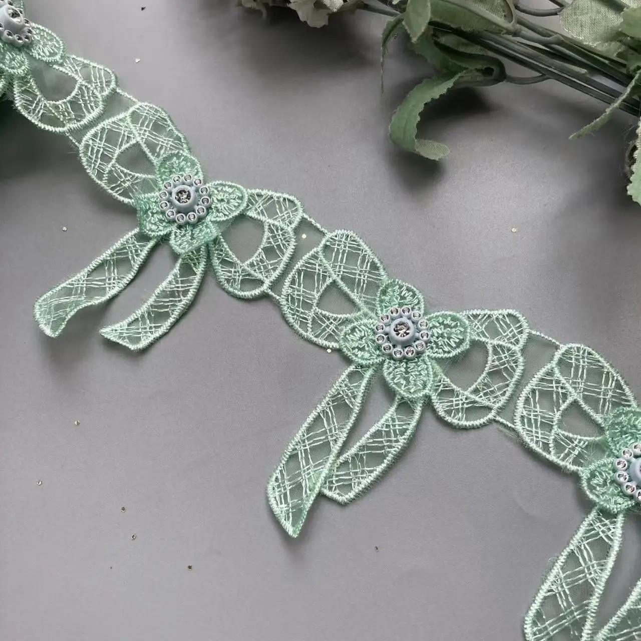 1 ярд Зеленая бабочка цветок растворимая органза кружевная отделка свадебная