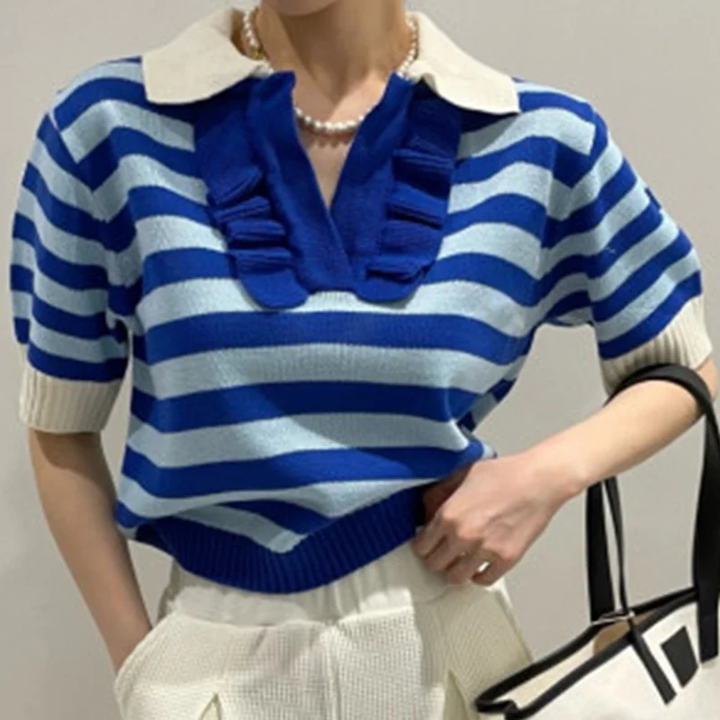 

Укороченный свитер-поло с оборками в стиле High Street, женский модный Полосатый пуловер, вязаные топы, женские хлопковые свитера, летние