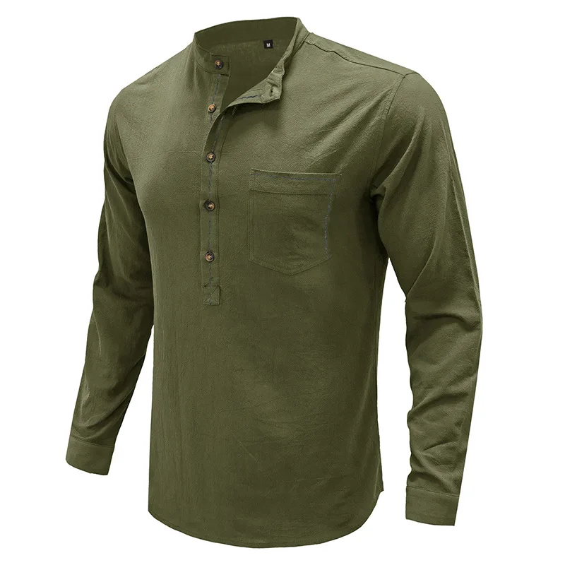 Mens Green Shirt Streetwear Fashion Male Solid Long Sleeve Tops Casual Cotton And Linen Shirt Mens Luxury Designer Clothing 2023