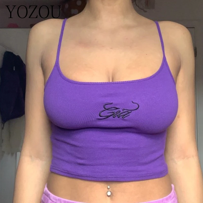 

[YOZOU] Cotton Summer Ribbed Embroidered Slim Bodycon White Black Crop Cami Top Sleeveless Vest Y2K Streetwear Gia Letters Girls
