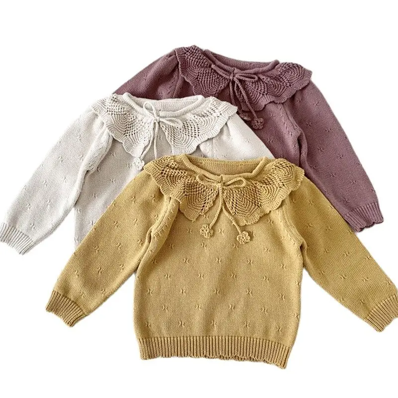 

2023 Girls Autumn And Winter Base Sweater Stretch Hand Hook Tie Bow Long Sleeve Knitwear Pullover Pure Color Children's Clothing