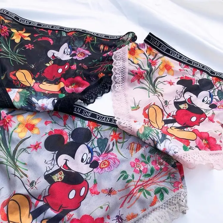 

Disney Mickey net underwear Sweet cartoon Mickey sexy charming mid waist cotton file ultra thin lace traceless quick drying