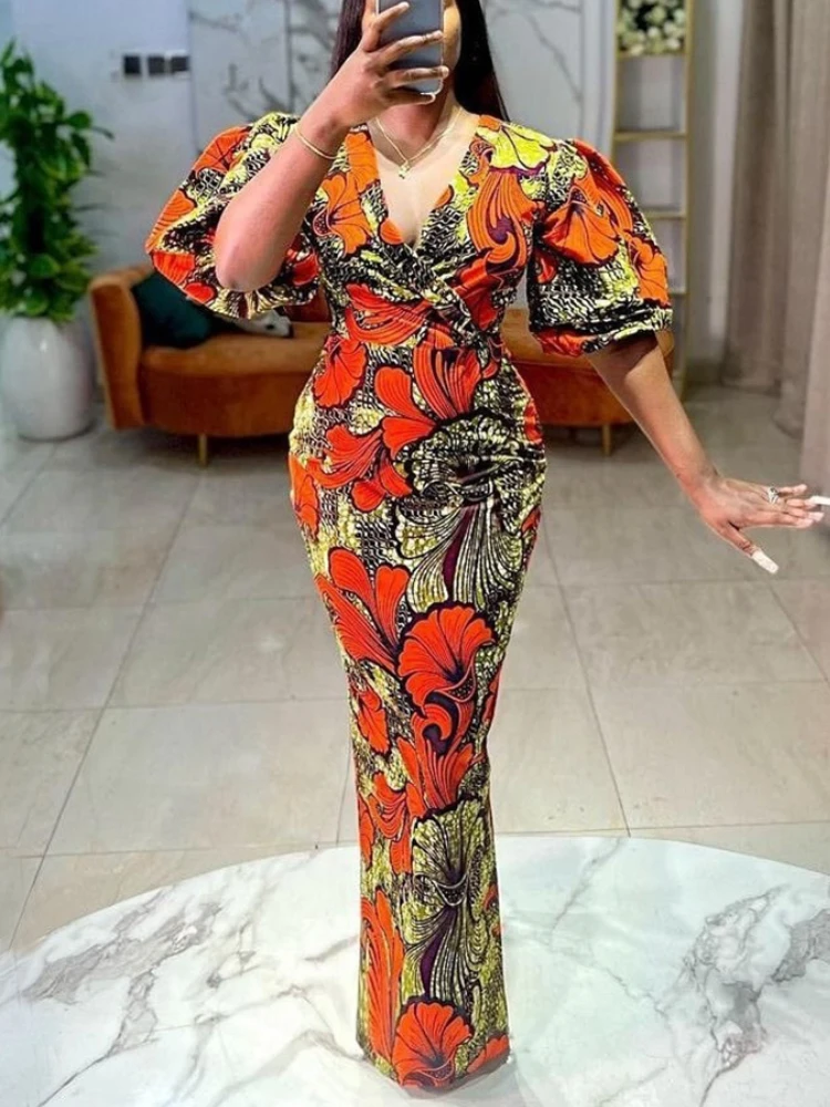 

AOMEI Vintage Long Floral Dresses Printed African Women Summer Short Lantern Sleeve Curvy Large Size Retro Birthday Party Gowns