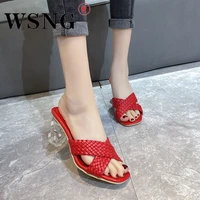 summer 2022 transparent shaped heel casual slippers ladies strap braided high heel sandals fashion yellow black simple sandals