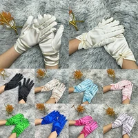 women wedding bridal short gloves satin pearl full finger mittens costume prom party gloves solid color candy color elastic