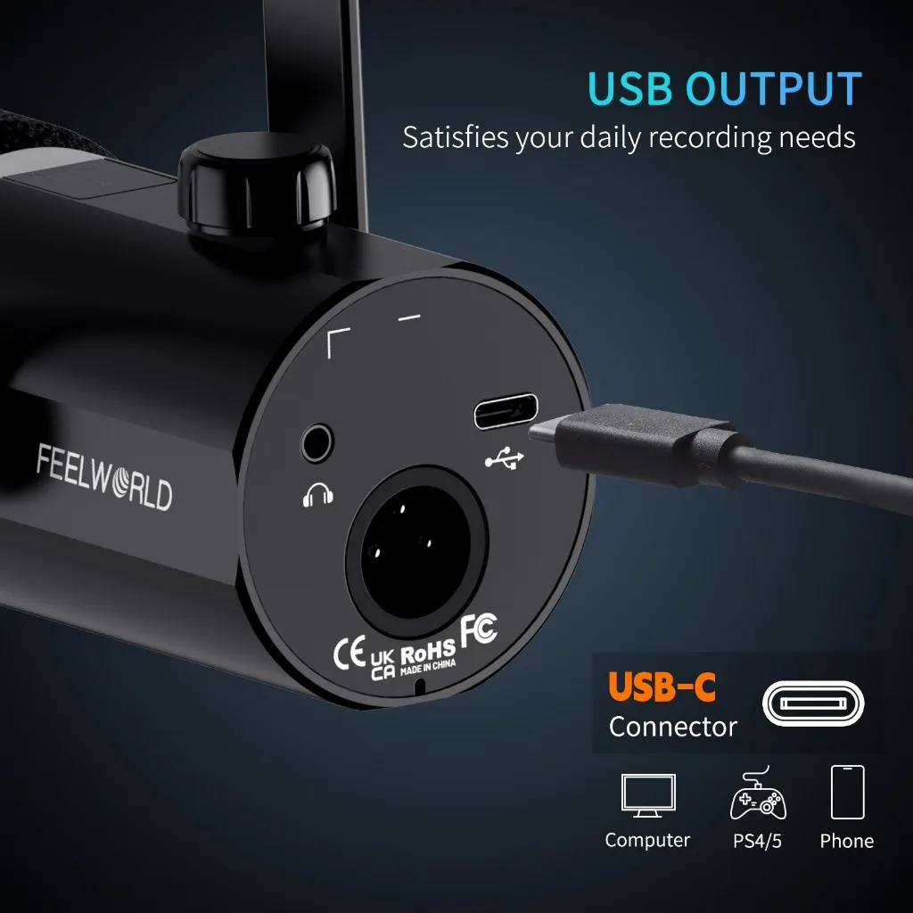 Фото FEELWORLD XLR/USB динамический микрофон PM1 для записи подкастинга, игровой прямой трансляции №4