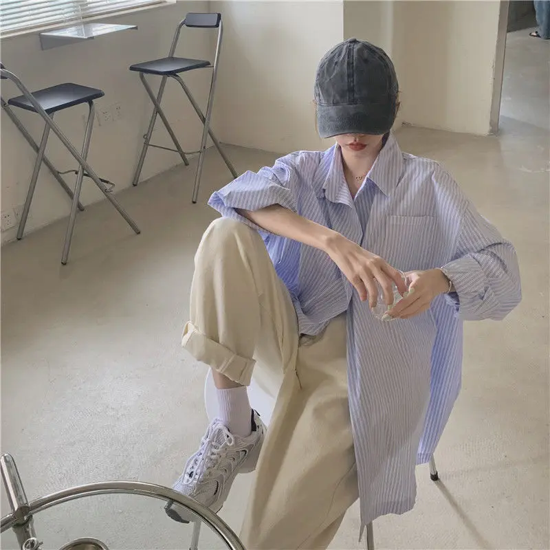 

VANOVICH Striped Mid-length Loose Thin Shirt 2022 Spring New Fashion Long-sleeved Lightweight Single Breasted Casual Shirts