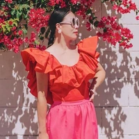 red top ruffles women top o neck satin top open back summer clothes oversized t shirt woman clothes fashion woman blouses 2022