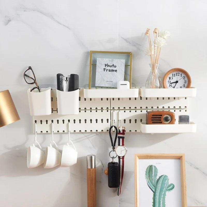 

Nordic Style Plastic Pegboard Shelf Punch-free Household Wall Borad Dish Rack Kit Hole Board for Wall Kitchen Organizer Tools