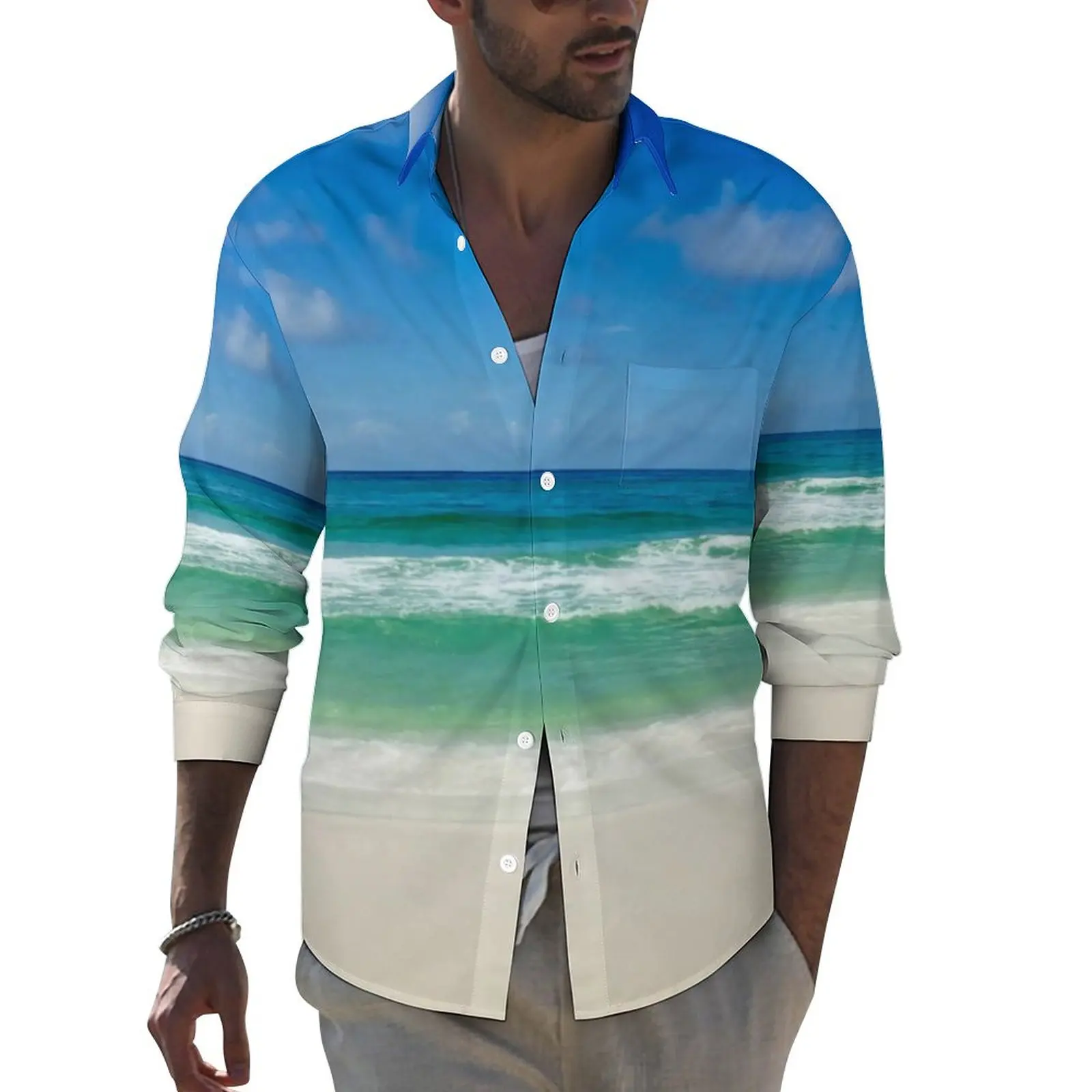

Beach Photography Casual Shirts Men Blue Skies With Waves Shirt Long Sleeve Fashion Y2K Blouses Spring Graphic Clothing 3XL 4XL