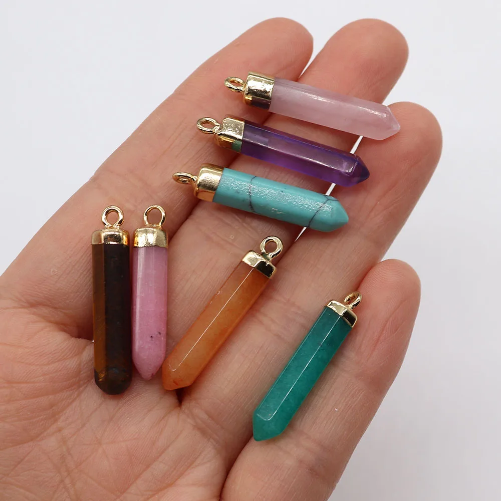 

Hexagonal Column Natural Stone Tiger Eye Amethyst Chalcedony Pendant 5x30mm Jewelry Fashion Making DIY Necklace Accessories