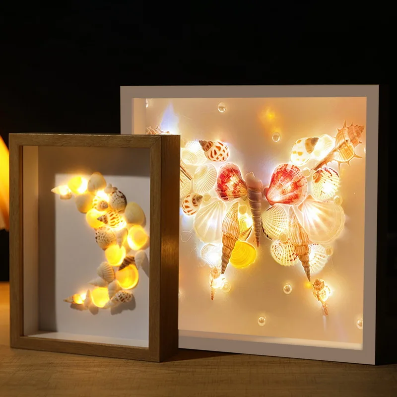 

Creative DIY Shell Night Light Handmade Frame Painting Lamp Living Room Bedroom Ornament Decor Girls Atmosphere Lamp Gift
