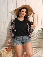 finjani plus size floral print butterfly sleeve blouse summer women short sleeve casual loose crew neck tee